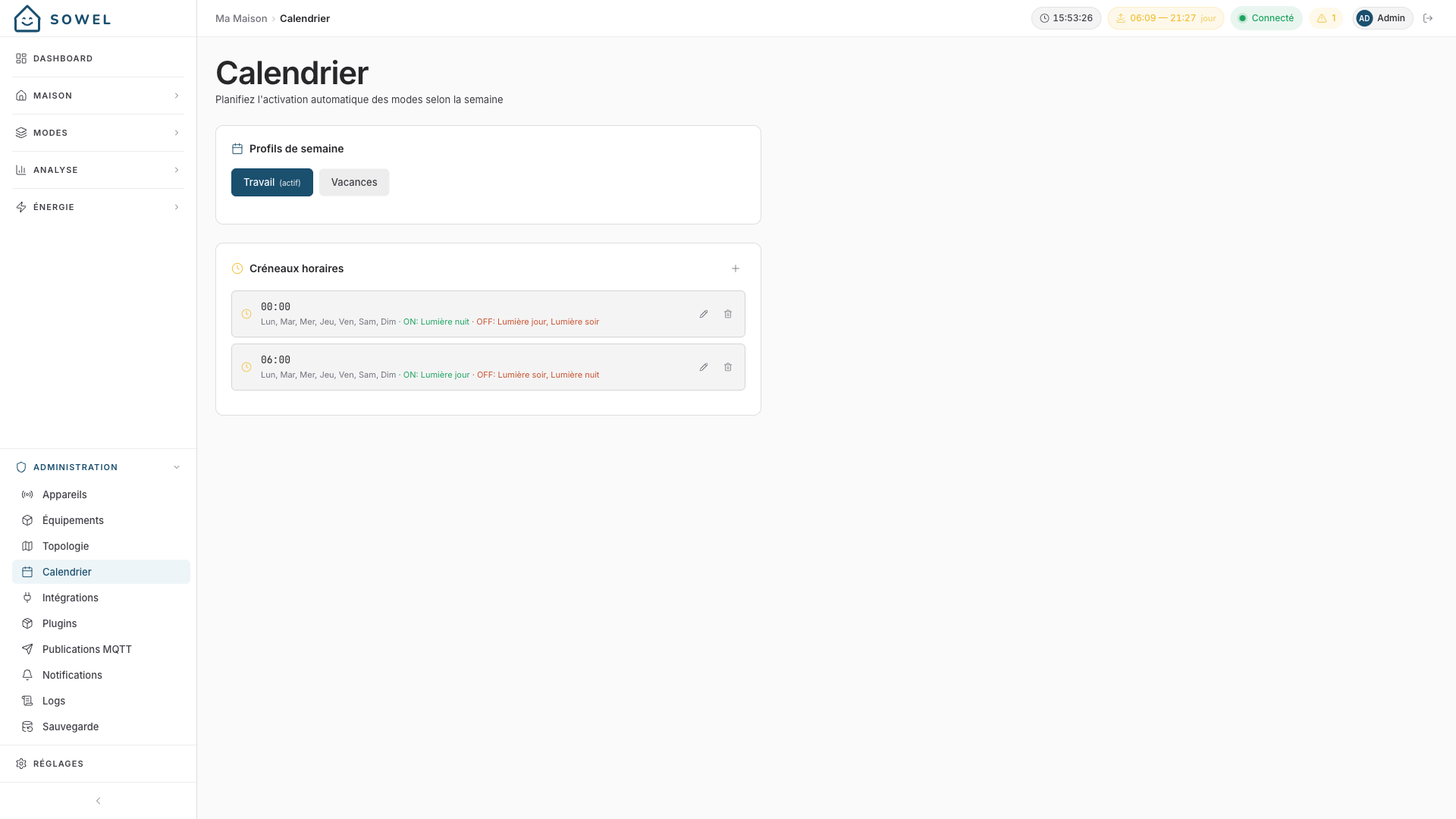 Page Calendrier montrant le profil actif et ses créneaux hebdomadaires