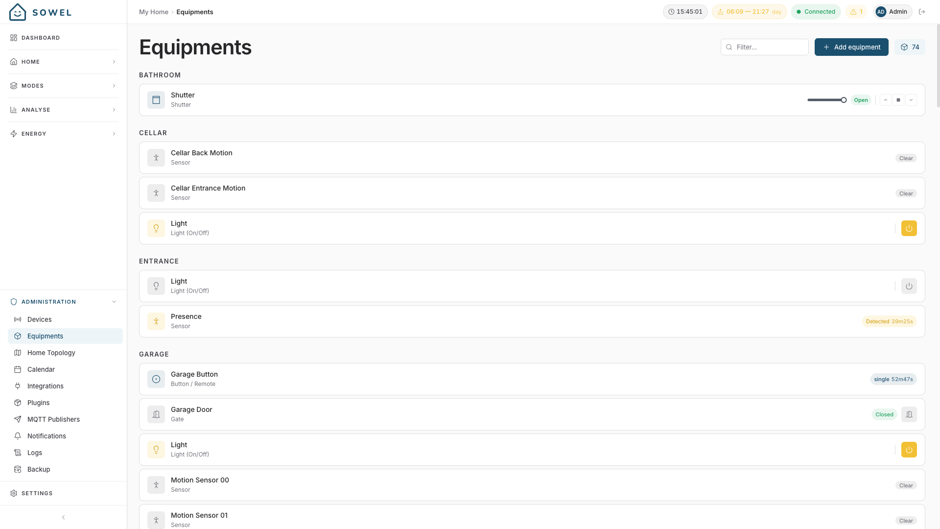 Equipments admin page grouped by zone and type