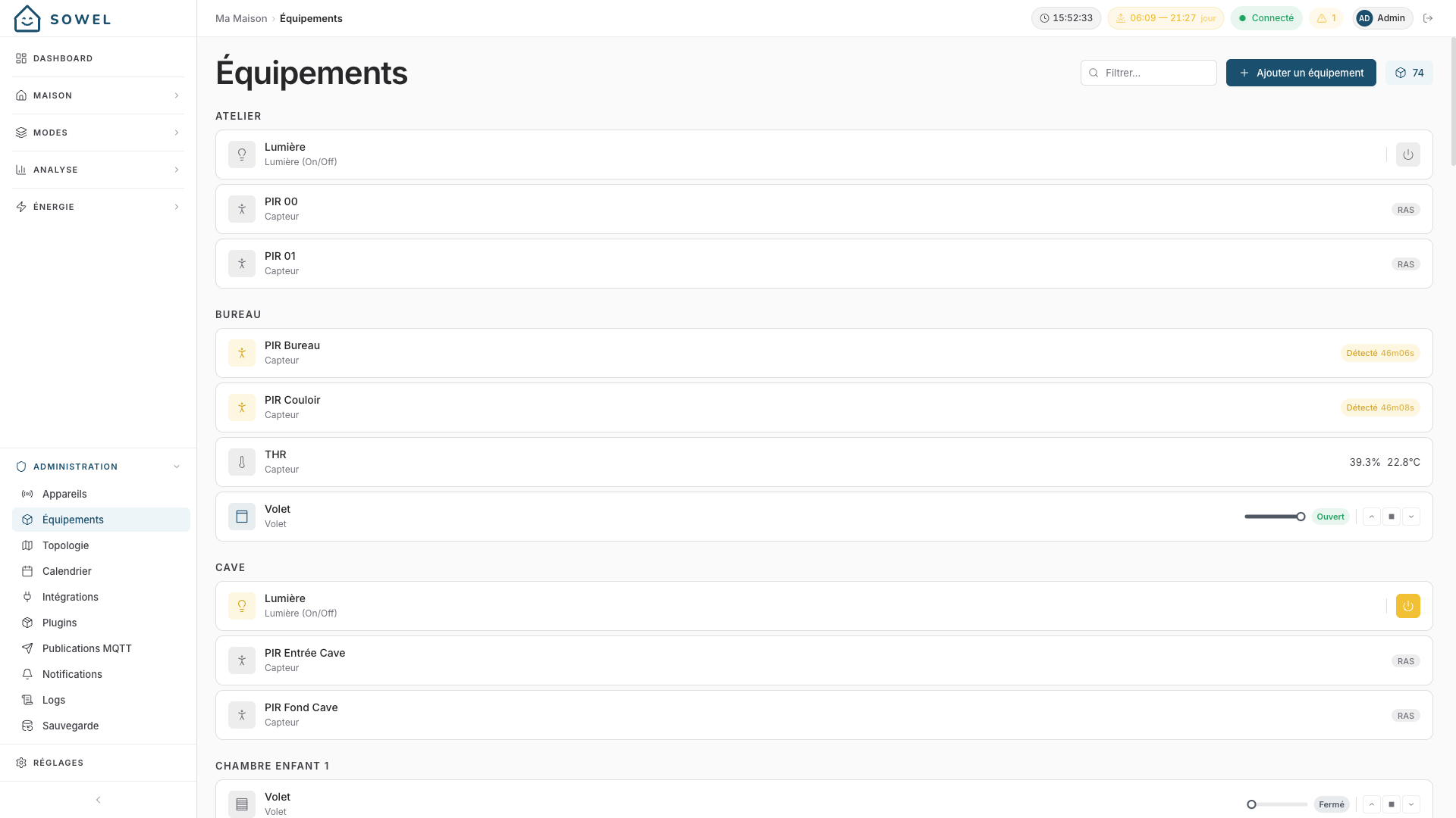 Page admin Équipements regroupée par zone et par type