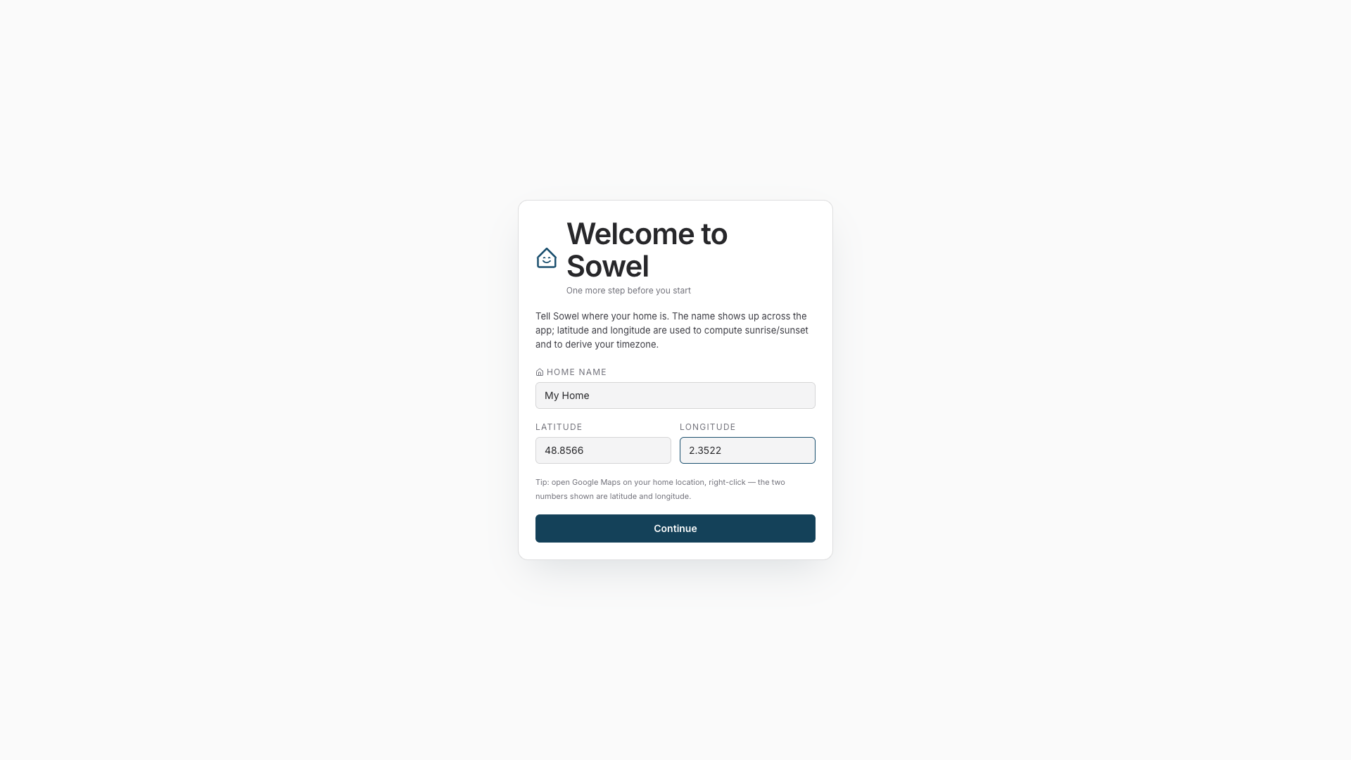 Welcome wizard, filled form
