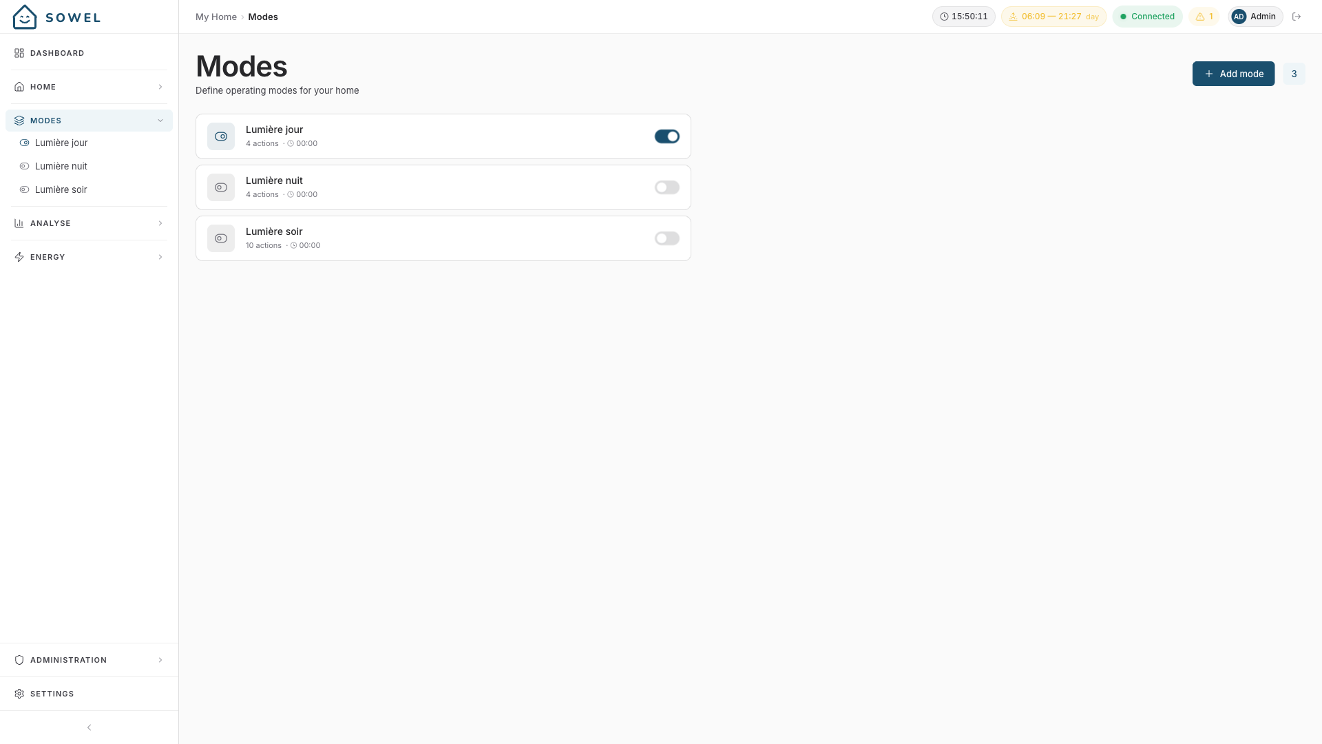 Modes page with three named profiles and a toggle to activate the current mode