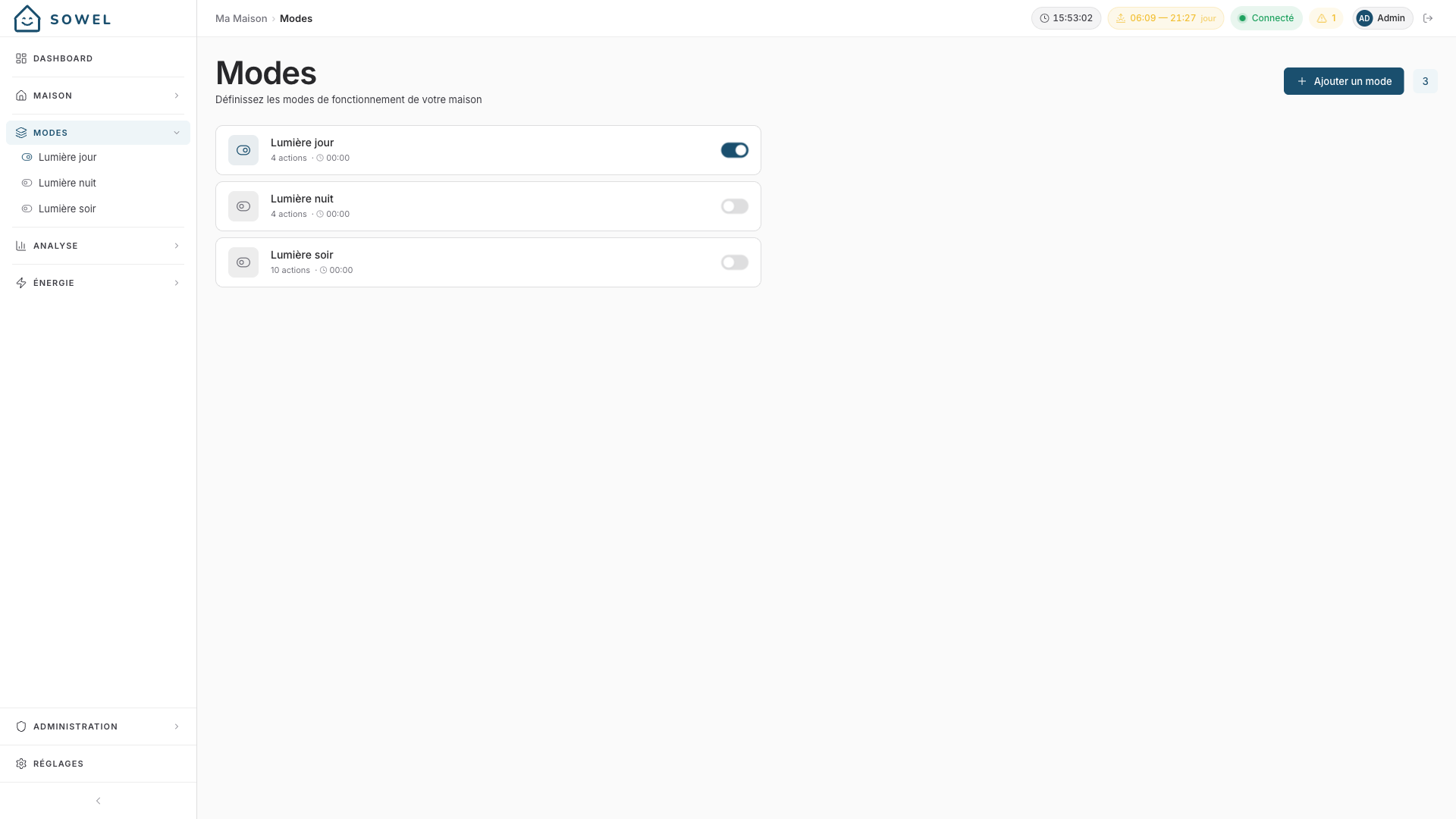 Page Modes avec trois profils nommés et un toggle pour activer le mode courant